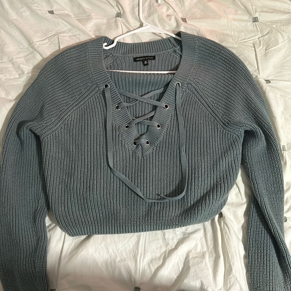 Kendall & Kylie Cropped Lace-Up Sweater - Turquoise/Light Blue, Size Medium